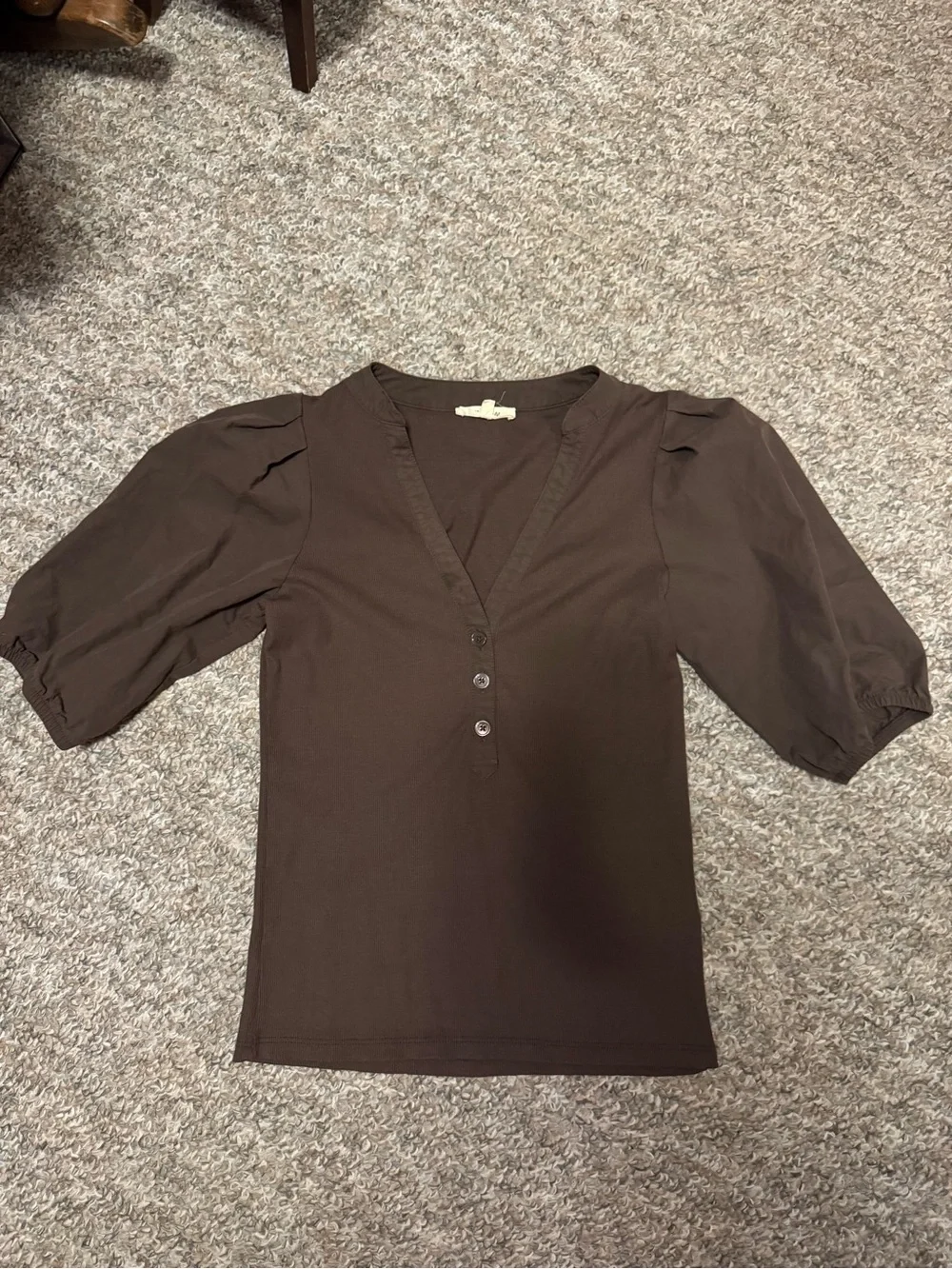 Madewell Chocolate Brown Henley Puff Sleeve Top